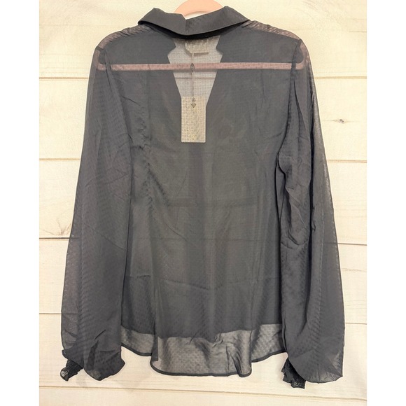 Mia Joy Women's Black Embroidered Sheer Long Sleeve Collared Button Up Top Sz M - Picture 2 of 6